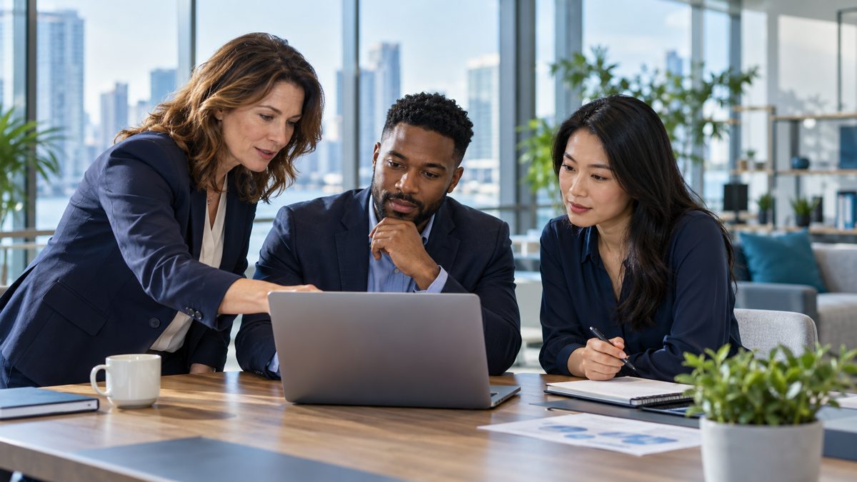 Business professionals collaborating around a laptop to review an operational workflow